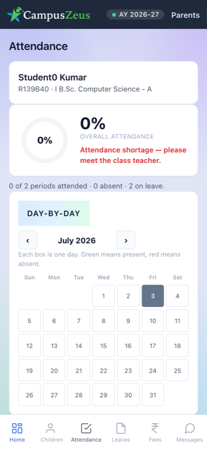 Parent mobile app showing a child's attendance percentage and a day-by-day calendar