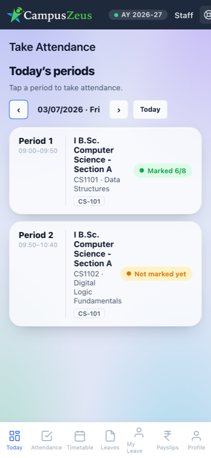 Staff mobile app showing today's periods with marked and not-marked chips