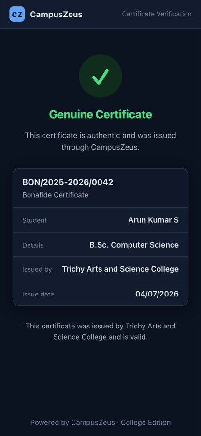 Public certificate verification page confirming a genuine bonafide certificate issued by Trichy Arts and Science College