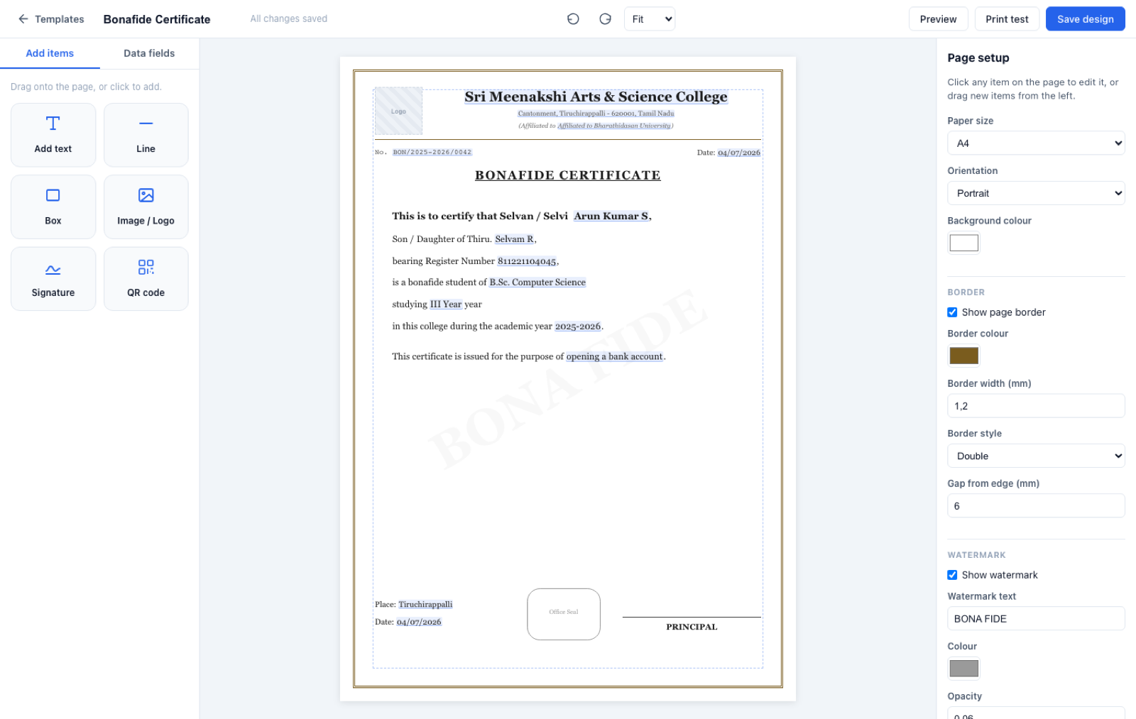 No-code certificate editor showing a bonafide certificate design with drag-in fields, borders and watermark