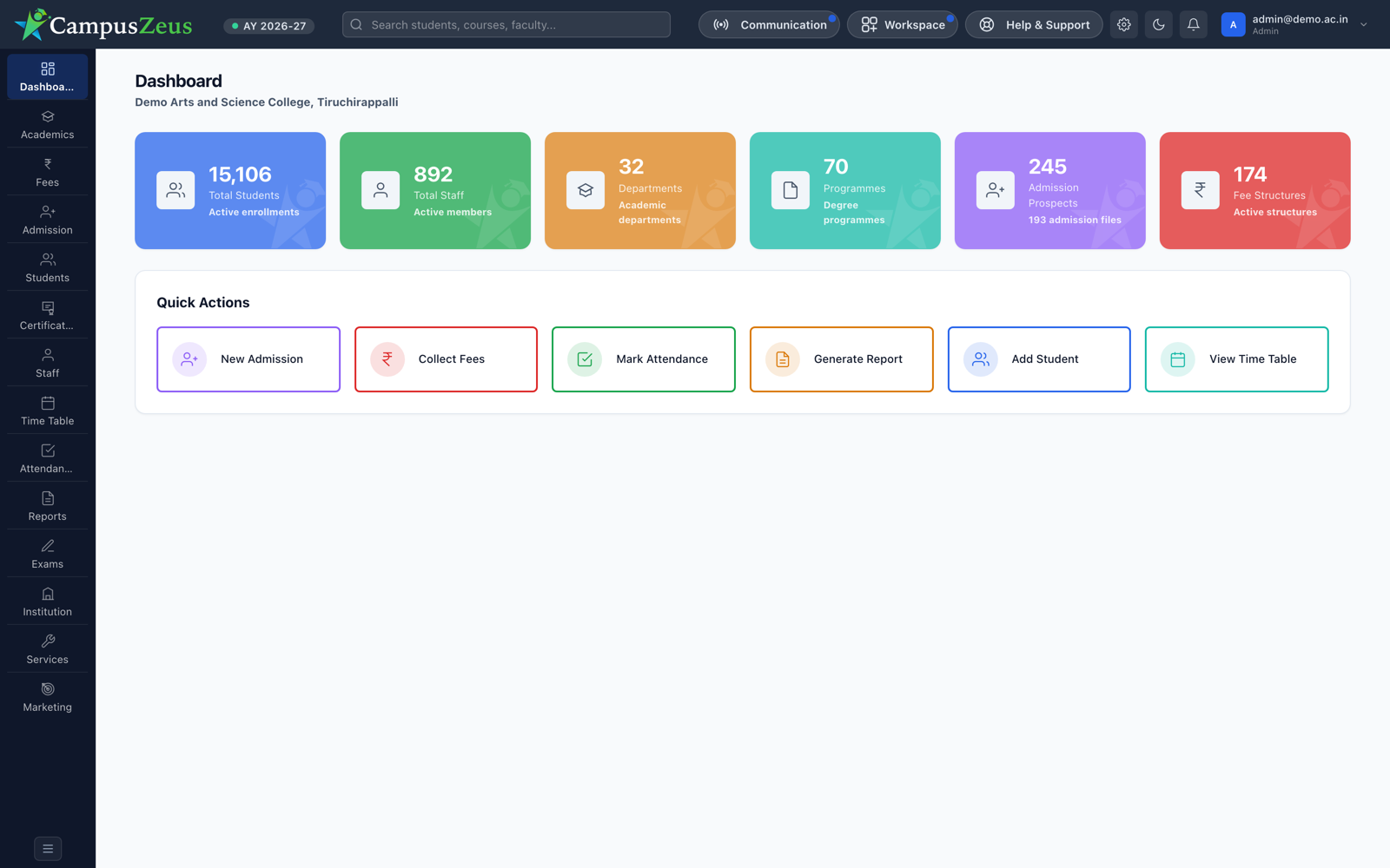 CampusZeus College admin dashboard showing students, staff, departments, programmes and quick actions
