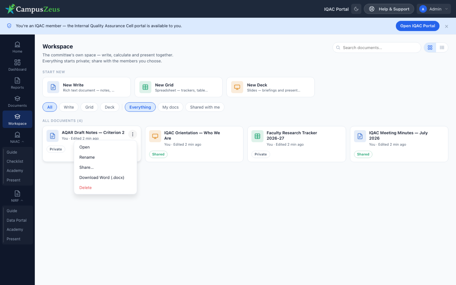 IQAC workspace with AQAR draft notes, orientation deck, faculty research tracker and meeting minutes