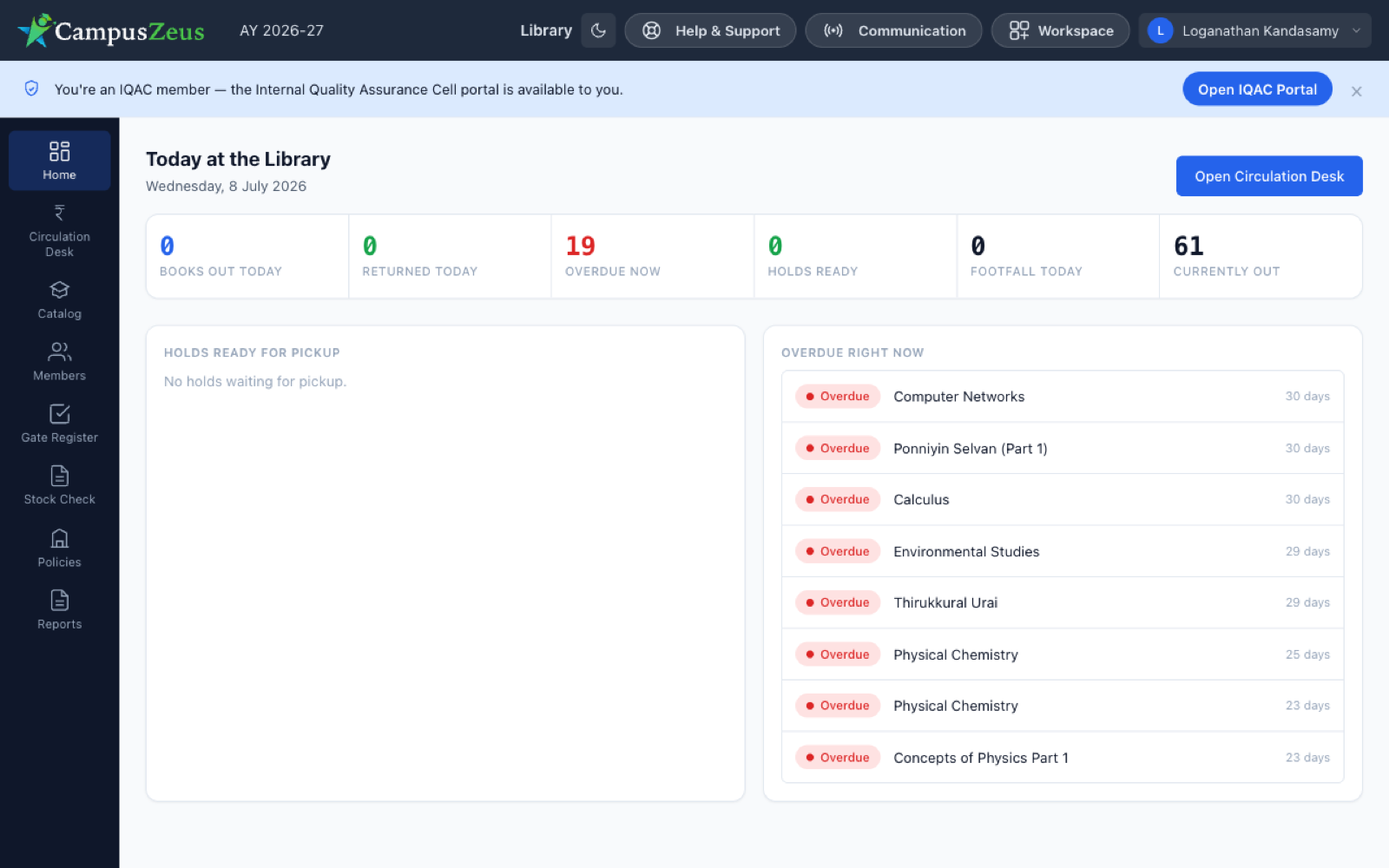 Library home showing books out, returns, overdue and footfall with an overdue list