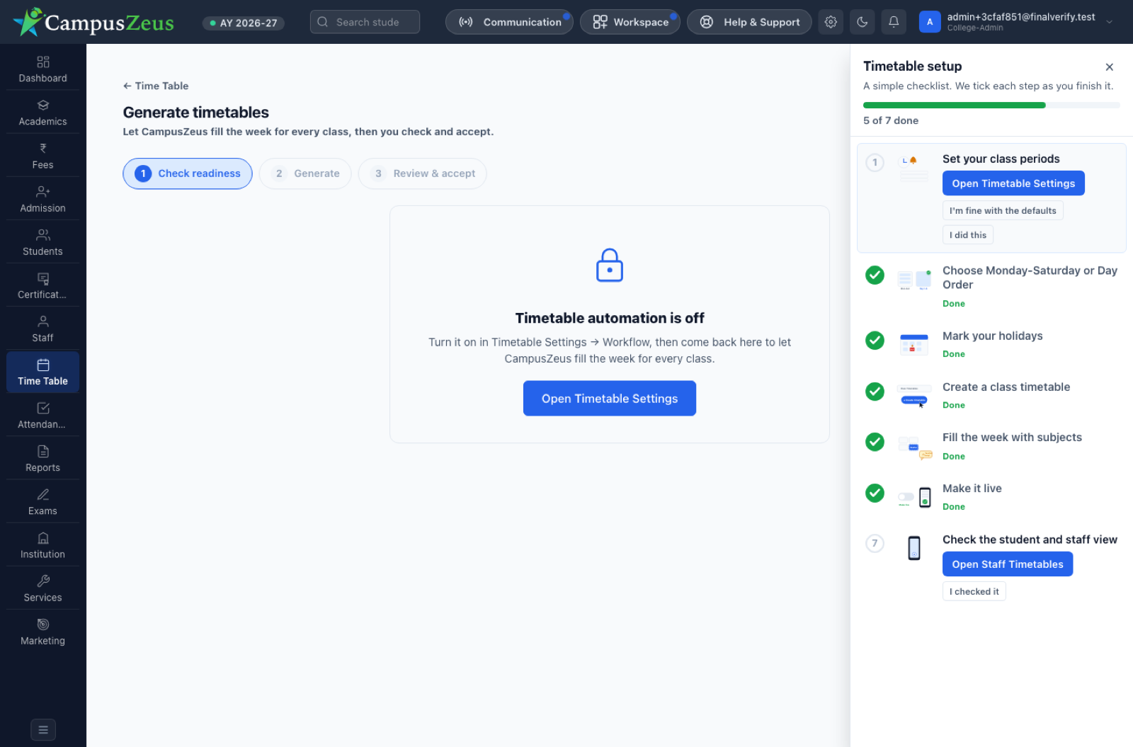 Timetable generate wizard with a readiness checklist: set periods, mark holidays, fill the week and make it live