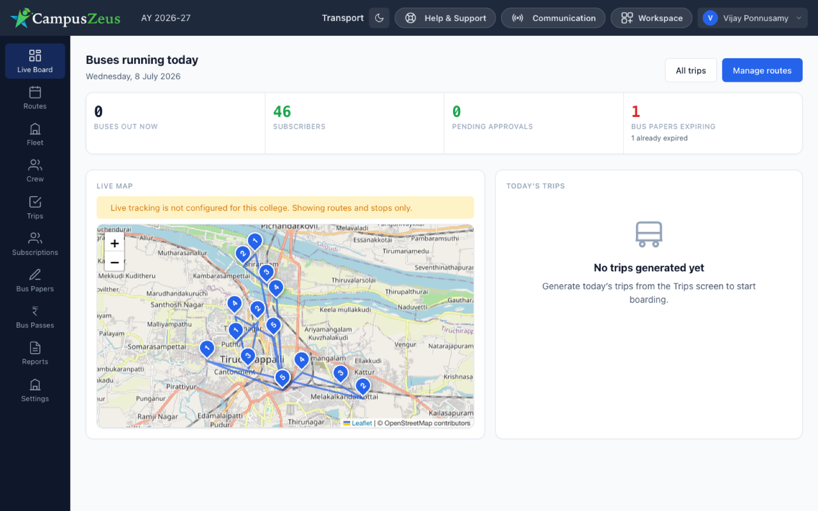 Transport live board with a route map of Tiruchirappalli, subscriber counts and bus paper expiry alerts
